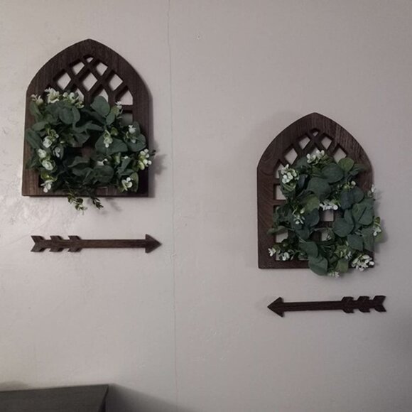 NEW  Set of 2 Rustic Wood Window Frame with Green Wreath and Arrows Wall Decor - Picture 8 of 8